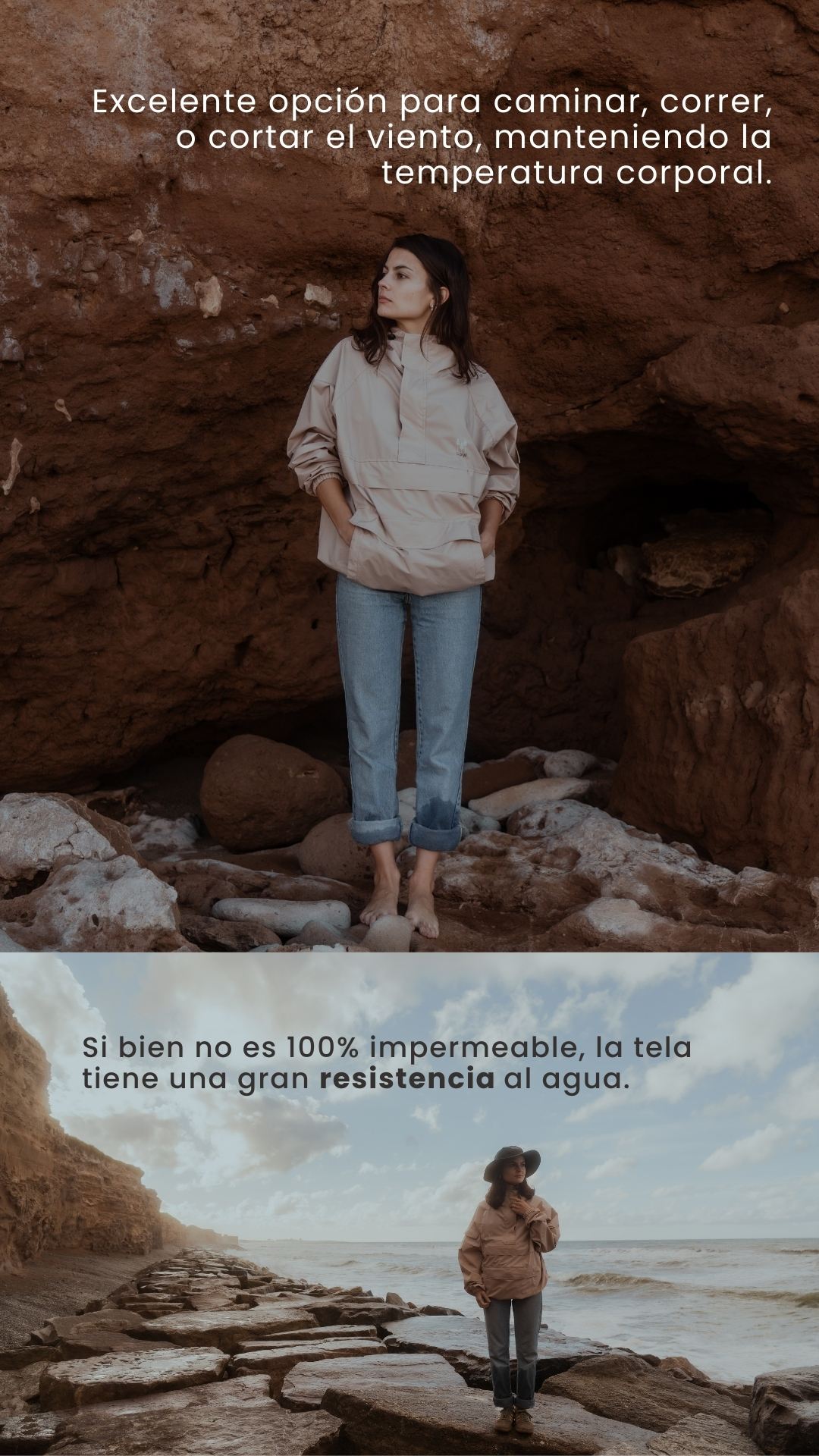 Si bien no es 100% impermeable, la tela tiene una gran resistencia al agua. Excelente opción para caminar, correr, o cortar el viento, manteniendo la temperatura corporal.